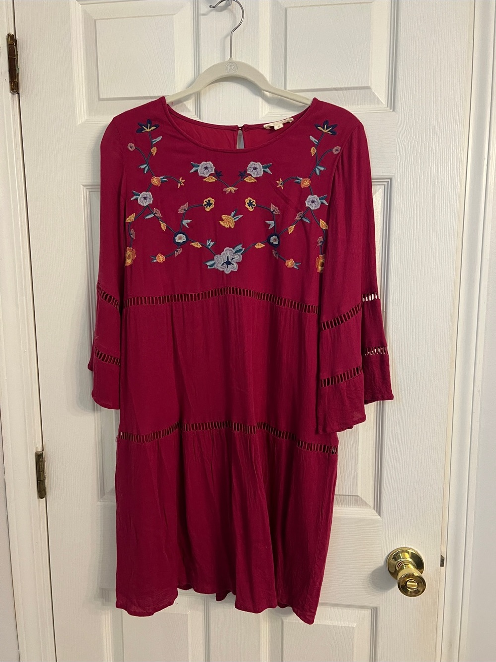 ODDY Magenta Embroidered Long Sleeve Boho Dress